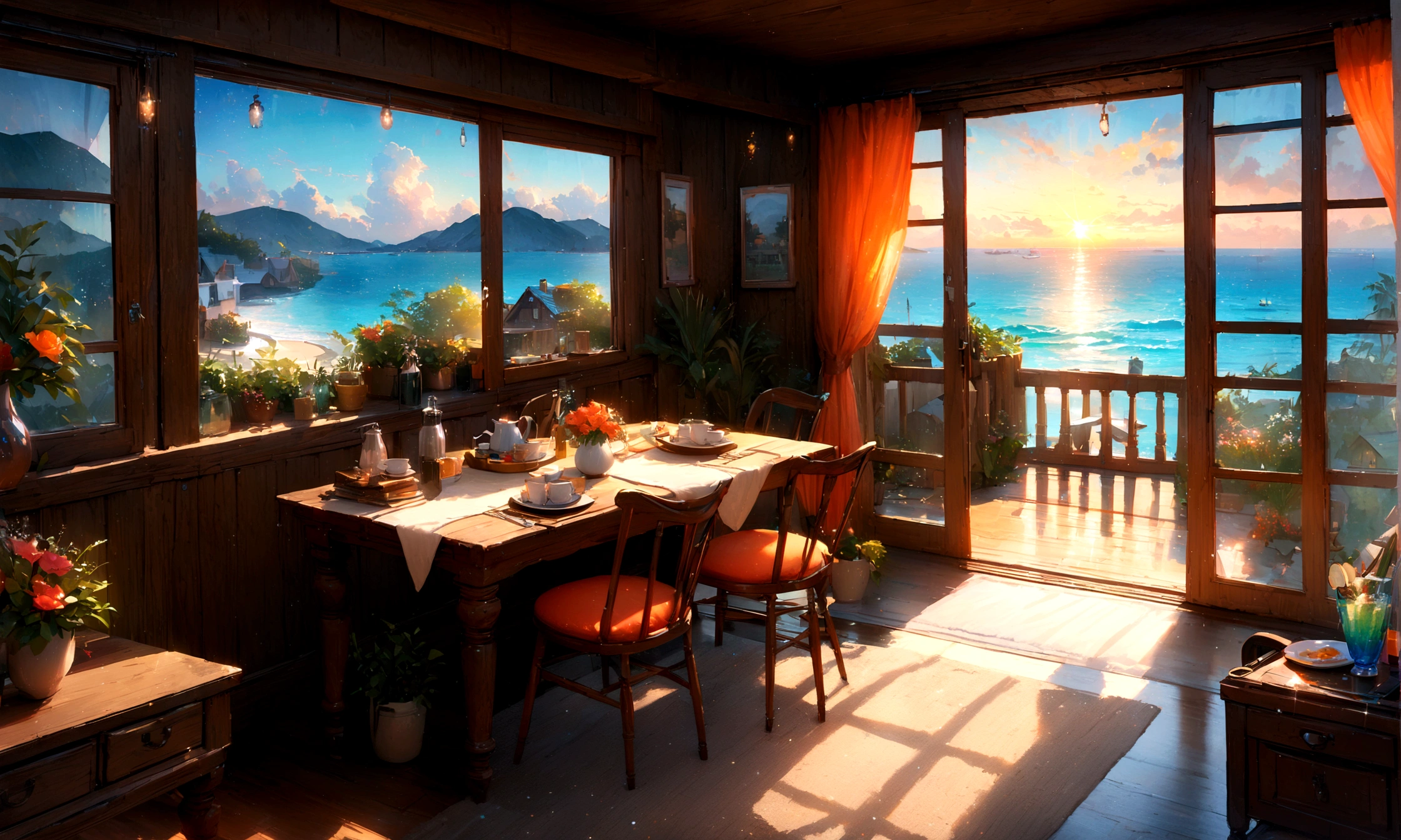 Holiday Homes, Large windows and beautiful views,Wooden Lodge,Inside the room,Blur the background,Pleasant sea breeze,Glitter effect,Highest quality, 8K, High resolution, masterpiece:1.2, Very detailed, Realistic:1.37, High resolution, 超High resolution, Ultra-fine painting, Very detailed, Professional, Vibrant colors