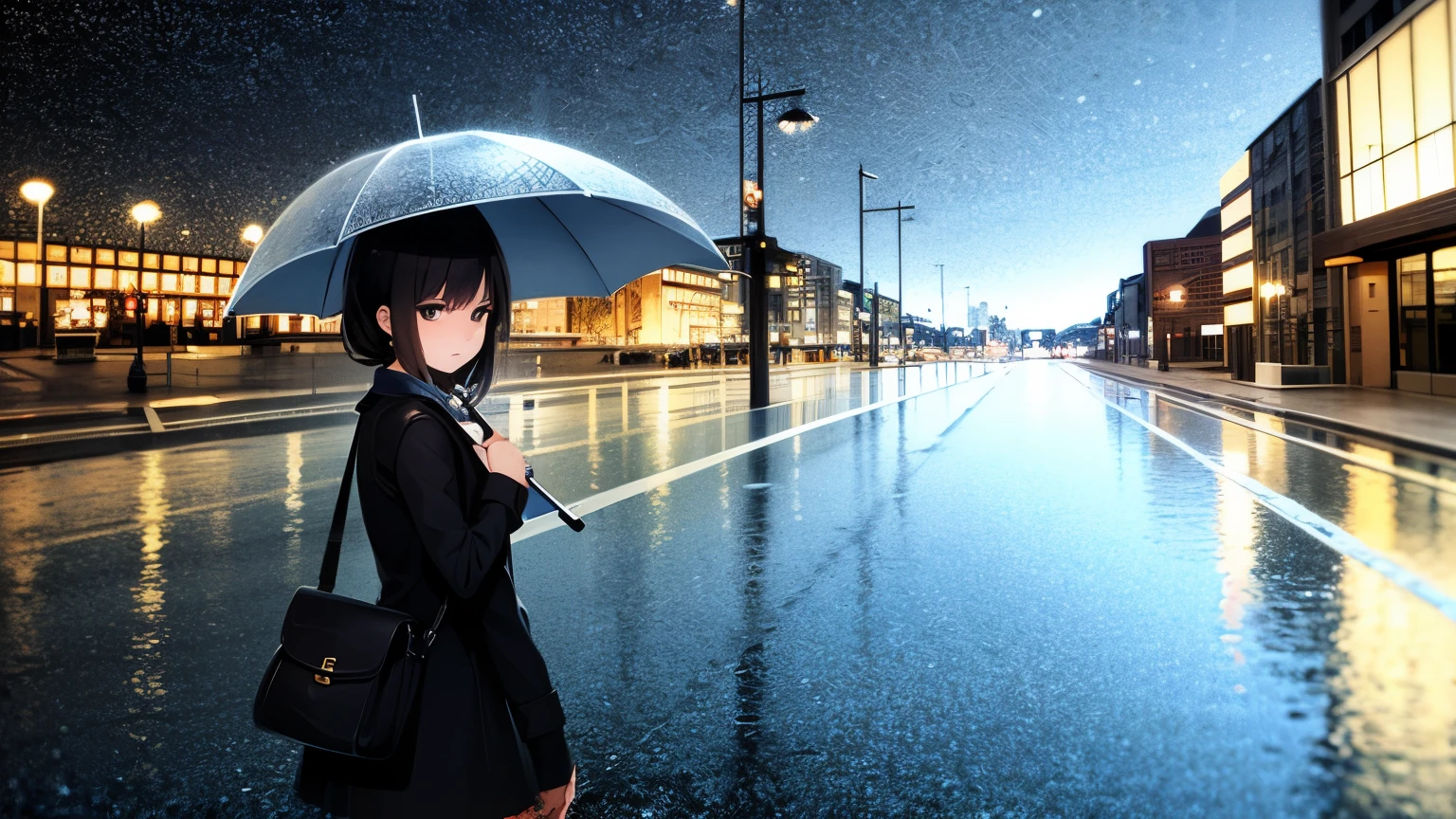A girl with a melancholic expression, walking alone in the rain with a transparent umbrella, city lights reflected on the wet pavement. Sad and relaxed atmosphere.