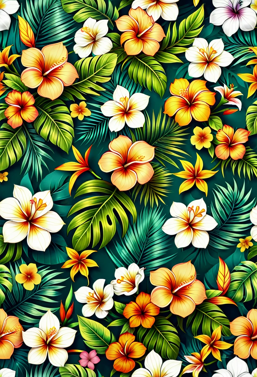 a Seamless Floral Pattern with leaves and flowers on a green background, wallpaper设计, tropical flowers, Tropical background, Floral Pattern, polynesian style, wallpaper图案, Repeating pattern. Seamless, 华丽的wallpaper, Floral Pattern, Background natural flowers, Flower background, wallpaper, 花卉wallpaper, Seamless pattern, Floral Background, blooming tropical flowers, Elegant tropical print