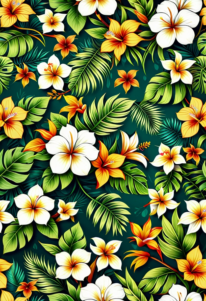 a Seamless Floral Pattern with leaves and flowers on a green background, wallpaper设计, tropical flowers, Tropical background, Floral Pattern, polynesian style, wallpaper图案, Repeating pattern. Seamless, 华丽的wallpaper, Floral Pattern, Background natural flowers, Flower background, wallpaper, 花卉wallpaper, Seamless pattern, Floral Background, blooming tropical flowers, Elegant tropical print