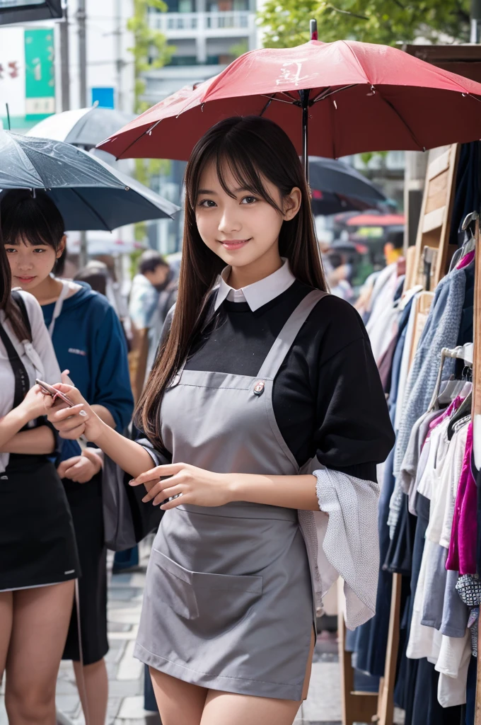 A 20-year-old girl selling umbrellas with umbrellas lined up(Wearing a miniskirt and apron)
