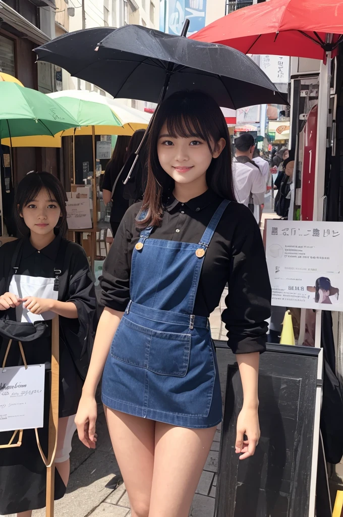 A 20-year-old girl selling umbrellas with umbrellas lined up（Wearing a miniskirt and apron）