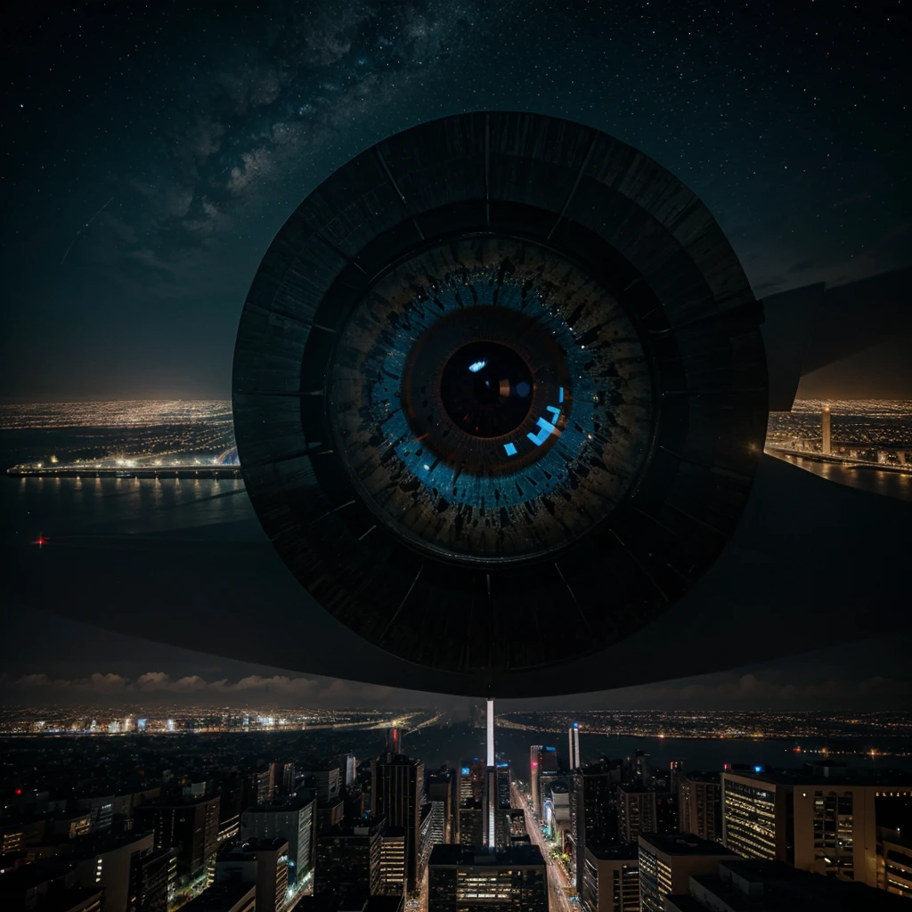 huge eye looking at a city at night on the sky