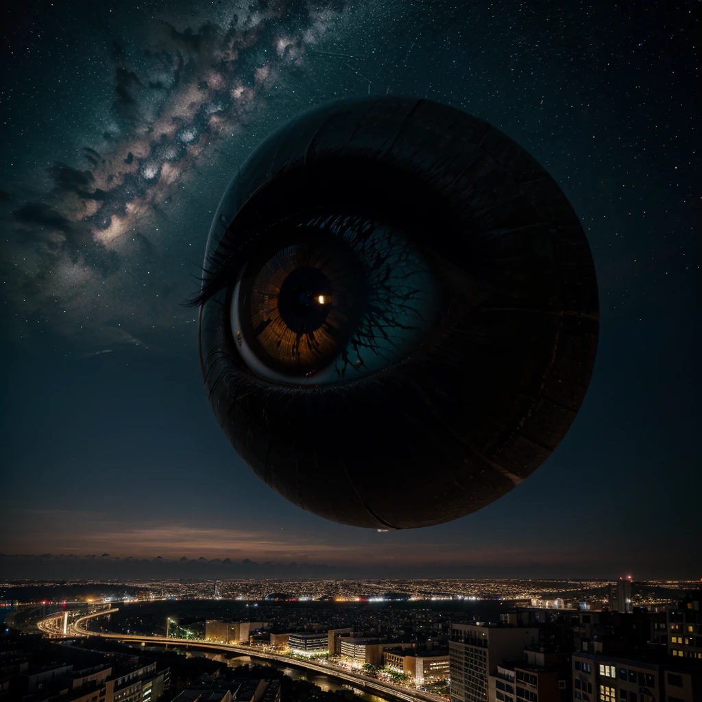 huge eye looking at a city at night on the sky