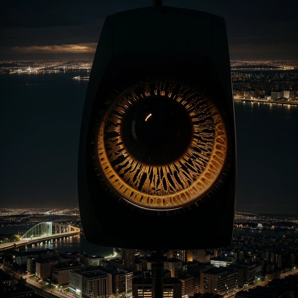 huge eye looking at a city at night on the sky