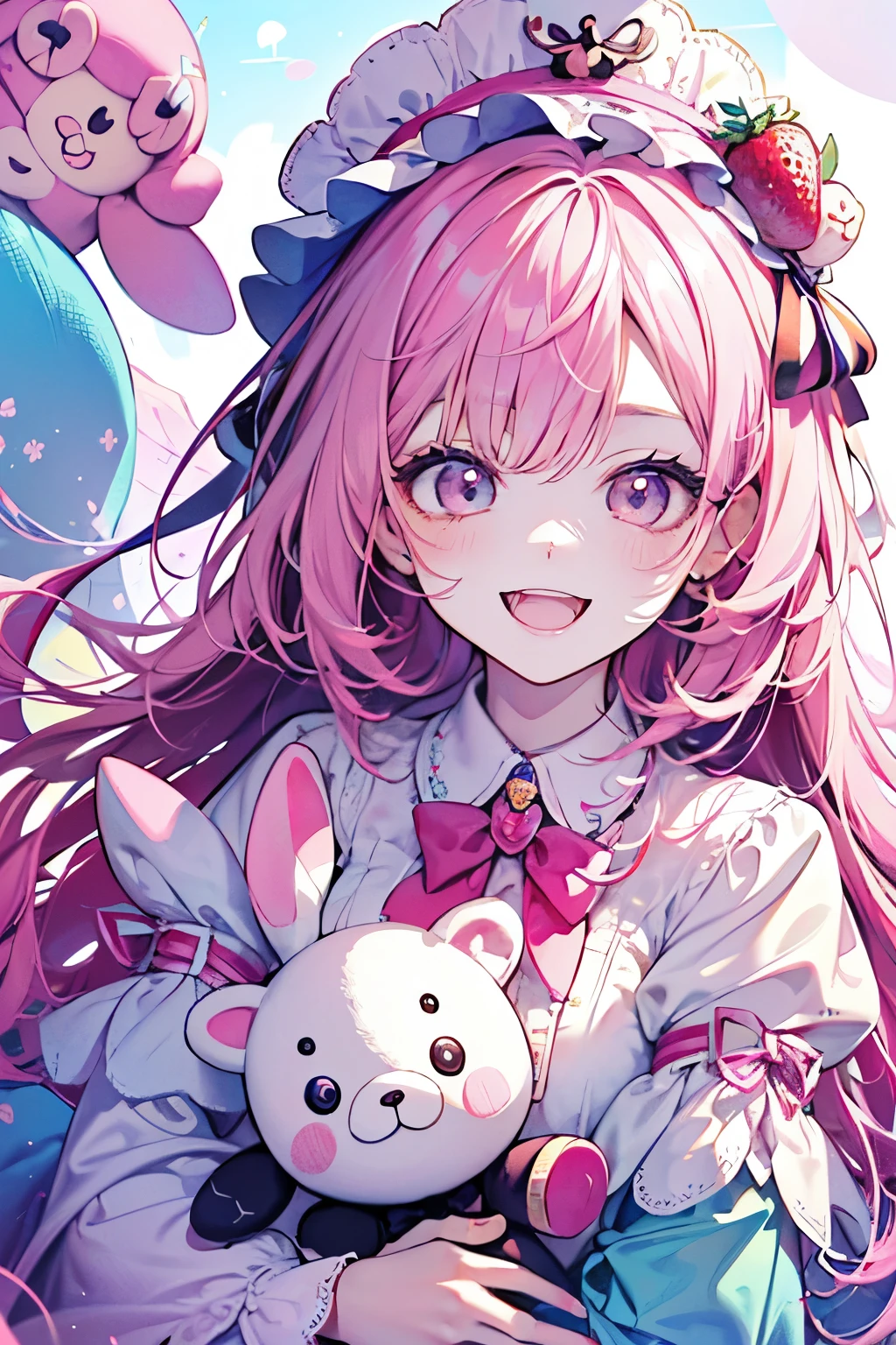 chibi character,Rabbit motif,(brush),((cute,kawaii,wonderland)),((pastel color)),((Cute assortment)),(A big smile with an open mouth),((Cute stuffed toys and dolls:1.3)),Shiny strawberrycolor hair,(pastel pink),((Angel:1.2)),(ribbon🎀:1.25).