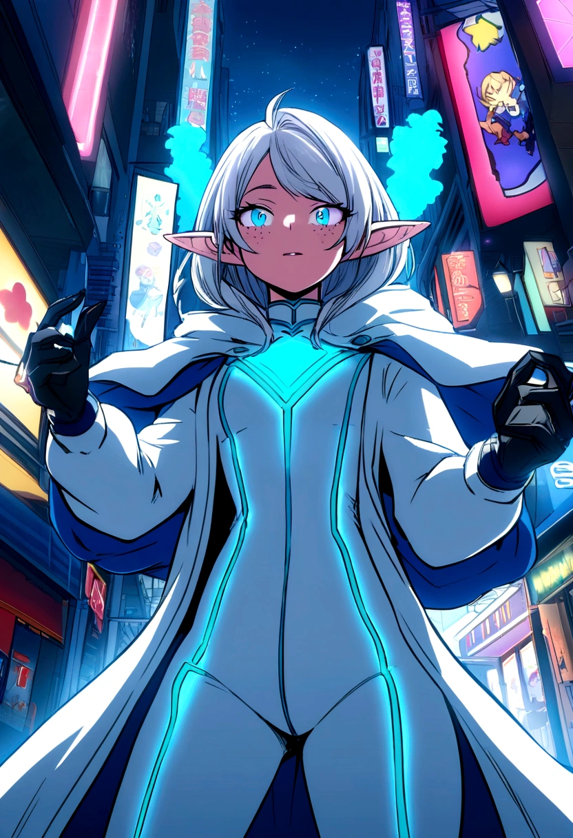 screenshot BOKU NO HERO ACADEMIA ANIME High Quality DIGITAL ART style 19-year-old girl as attractive,with long white hair that has a blue and pink litmus gradient at the tips, stars and sparkles in the hair, abina, freckles, dimples, His eyes glowing neon blue, and small elf ears+white hero suit with blue details cape and hood on+ in the city at night black smoke coming out of it spreading everywhere+ crazy evil psychotic laughter