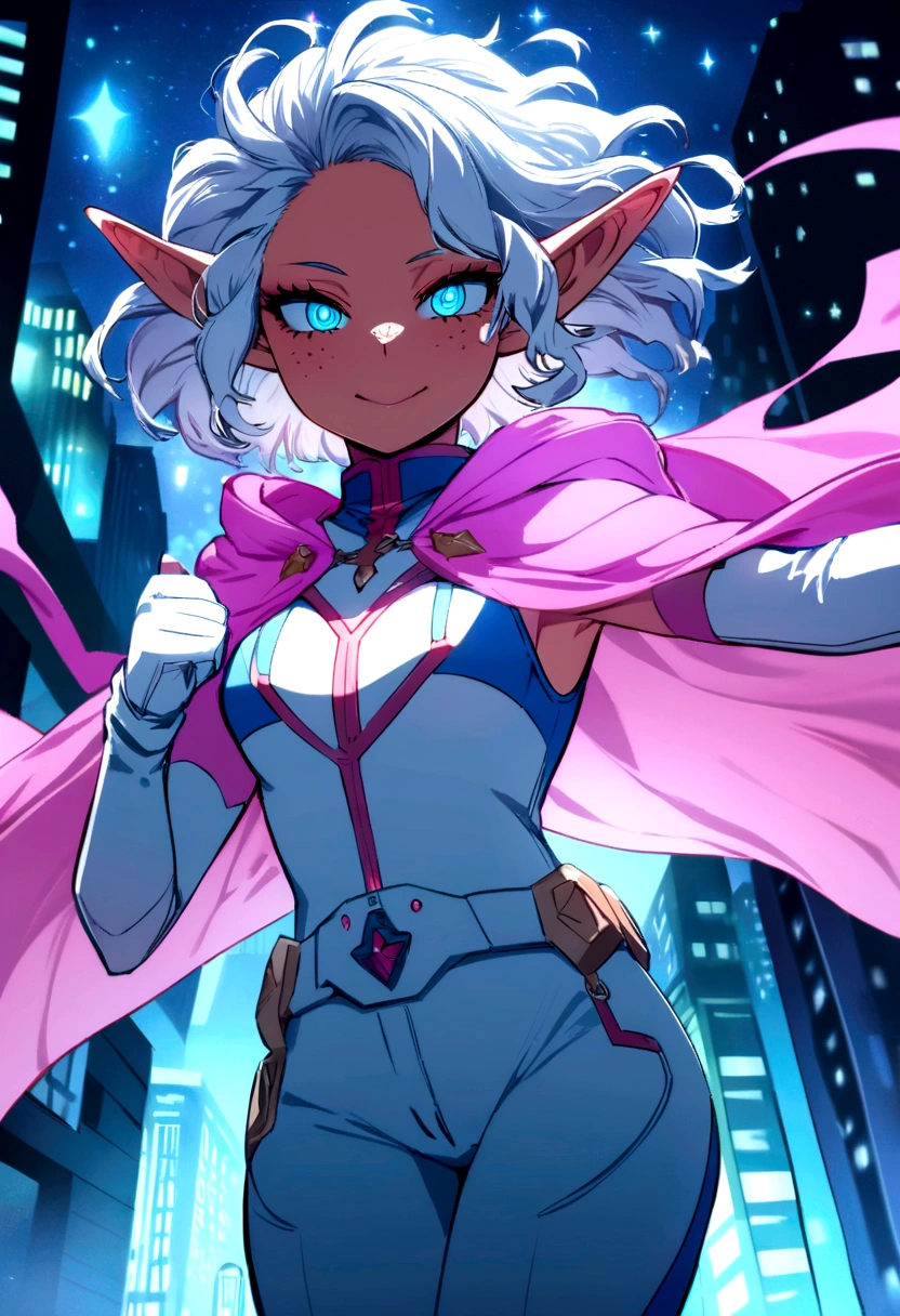 screenshot BOKU NO HERO ACADEMIA  ANIME High Quality DIGITAL ART style 19-year-old girl as attractive,with long white hair that has a blue and pink litmus gradient at the tips, stars and sparkles in the hair, abina, freckles, dimples, His eyes glowing neon blue, and small elf ears+white hero suit with blue details cape and hood on+ in the city at night black smoke coming out of it spreading everywhere+ crazy evil psychotic laughter