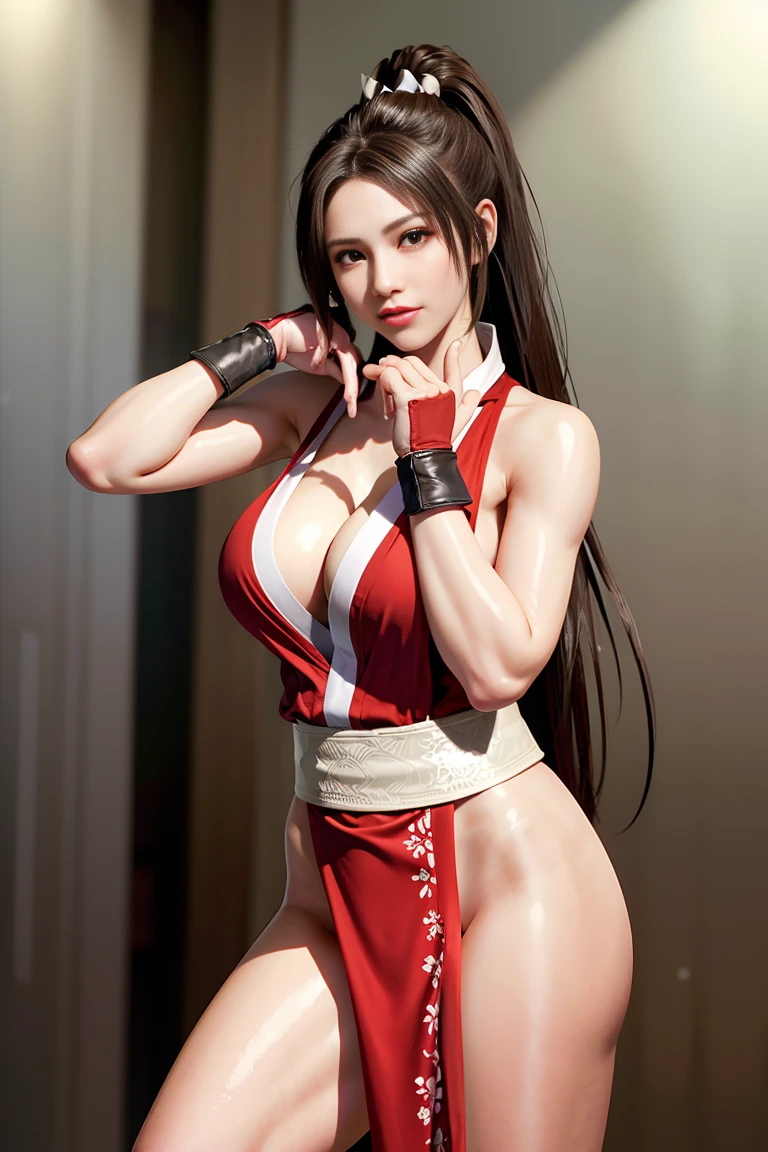 (8K, RAW photo, best quality, masterpiece:1.2), (realistic, photo-realistic:1.37),1 girl,cute, light smile, ponytail,Mai Shiranui, (独奏),detailed faceponytail, dramatic angle, huge breasts,Cleavage,Low-cut,Huge breasts
,office,looking at viewer,ass pov,cyberpunk,, sword, knife