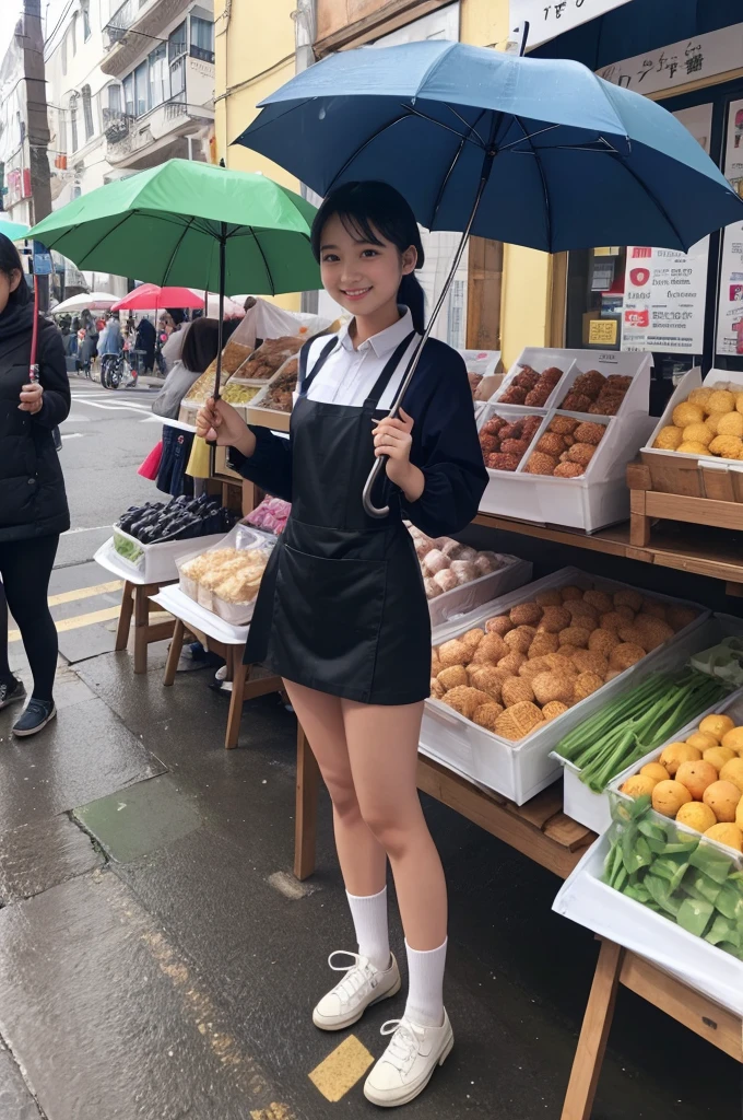 A 20-year-old girl selling umbrellas with umbrellas lined up(Wearing a miniskirt and apron)