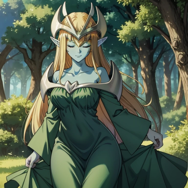 mysticalygo, mystical elf, smile, friendly look, medium , eyes closed, green dress, long skirt, green cape, blue skin, blonde hair, long hair, park, forest, Yugioh, 