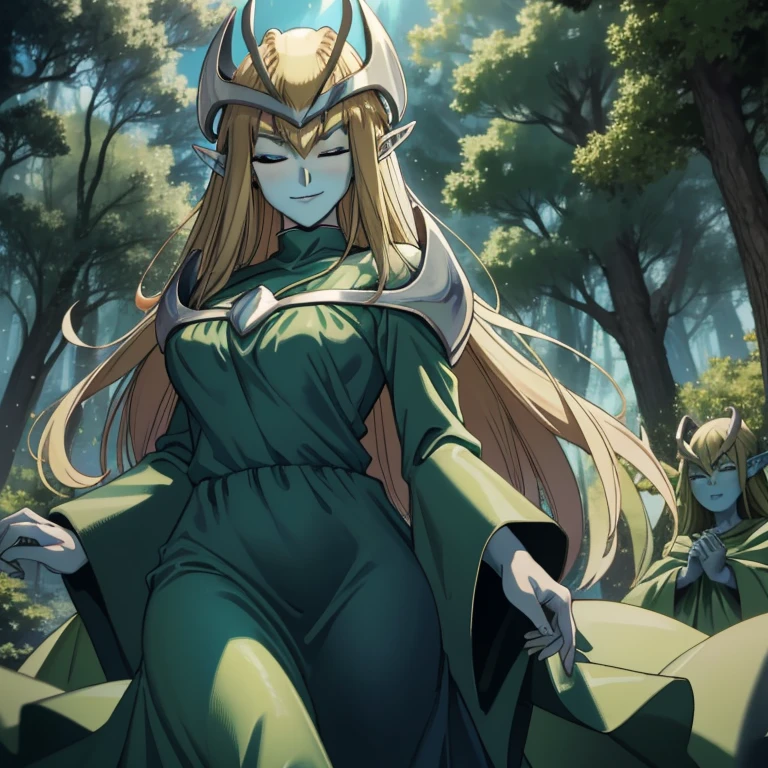 mysticalygo, mystical elf, smile, friendly look, medium breasts, eyes closed, green dress, long skirt, green cape, blue skin, blonde hair, long hair, park, forest, Yugioh, 