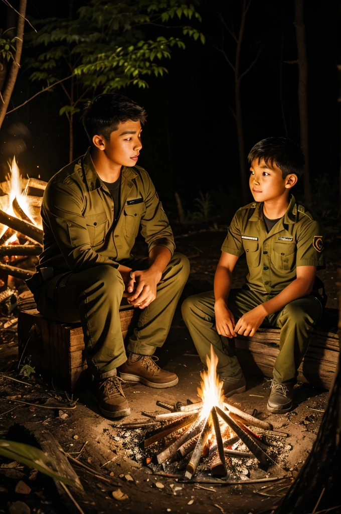 A kid talking to a jungle keeper near a camp fire sitting 