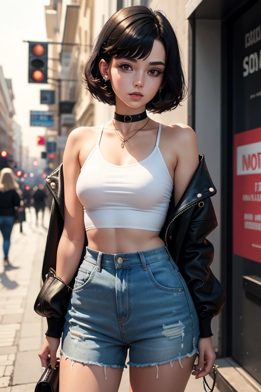 21 years old European girl. She is trendy. With short black hair. She looks famous like a rapper.