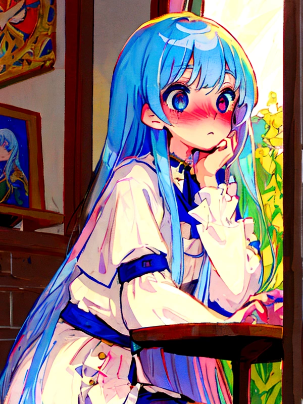 Medieval painting style,Light novel style,(Best quality, Masterpiece), 1 Girl, Beautiful girl,Blue Hair,s eyes,透过头发s eyes,优质s eyes,Anime style,High quality eyes,Lenses,Rich colors,posture, (Blushing:1.3)