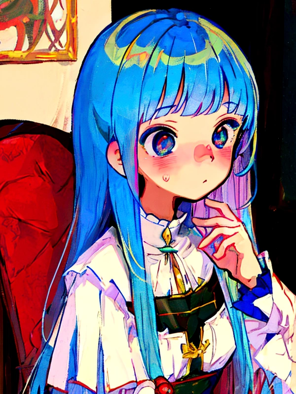 Medieval painting style,Light novel style,(Best quality, Masterpiece), 1 Girl, Beautiful girl,Blue Hair,s eyes,透过头发s eyes,优质s eyes,Anime style,High quality eyes,Lenses,Rich colors,posture, (Blushing:1.3)
