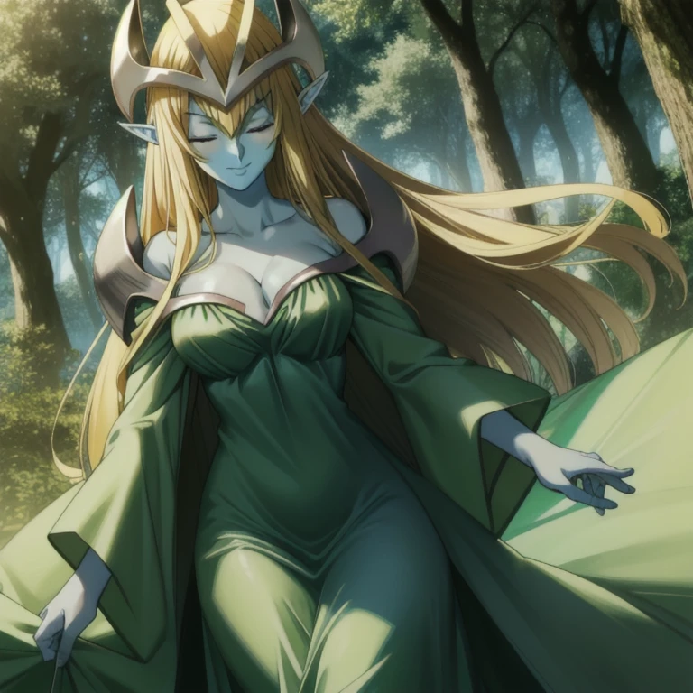 mysticalygo, mystical elf, smile, friendly look, medium breasts, eyes closed, green dress, long skirt, green cape, blue skin, blonde hair, long hair, park, forest, Yugioh,