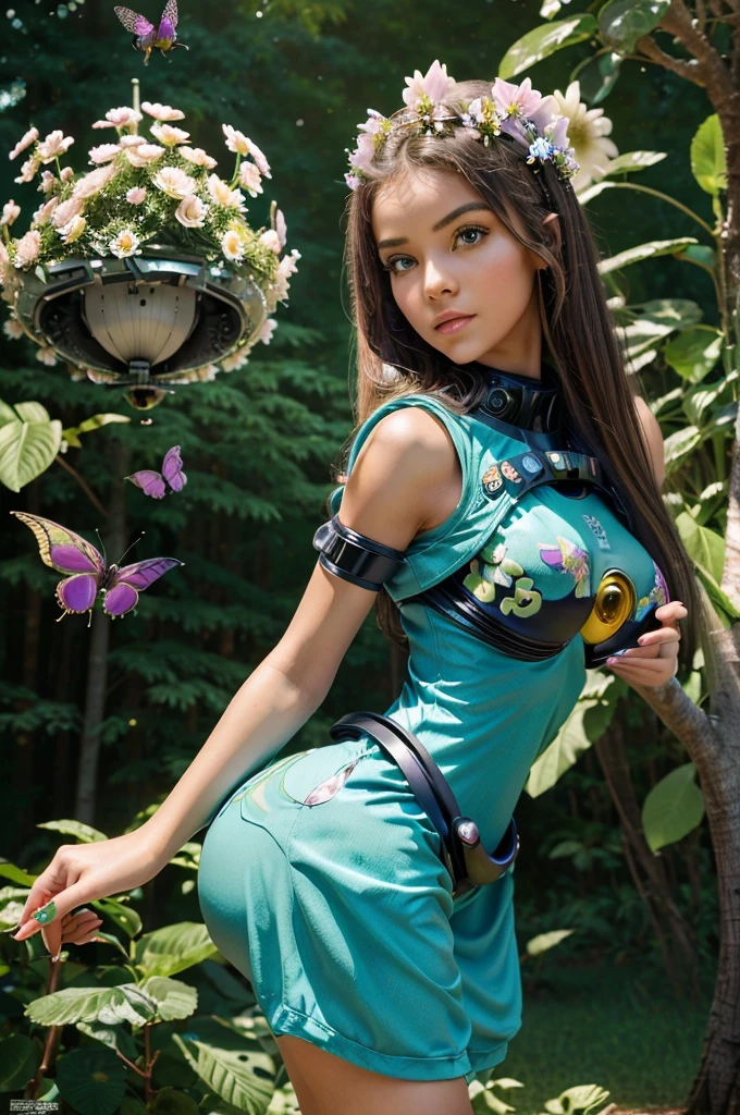 ((high quality)),((master piece)),((detailed picture)),((high detailed women body)),((ultra detailed)),1Girl ALIEN, good alien, cute and adult Alien,BIG and beautiful eyes , innocent FACE, beautiful ALIEN, BIG breast and big ass,((detailed ALIEN gitl)), shorts dresses ,sexy ALIEN,((BACKGROUND : alien world ,flying UFO, and space ship , ROBOTICS butterflies and birds ,beautiful)),((FOREGROUND : trees and flowers)) , ALIEN girl with ROSE on her hand