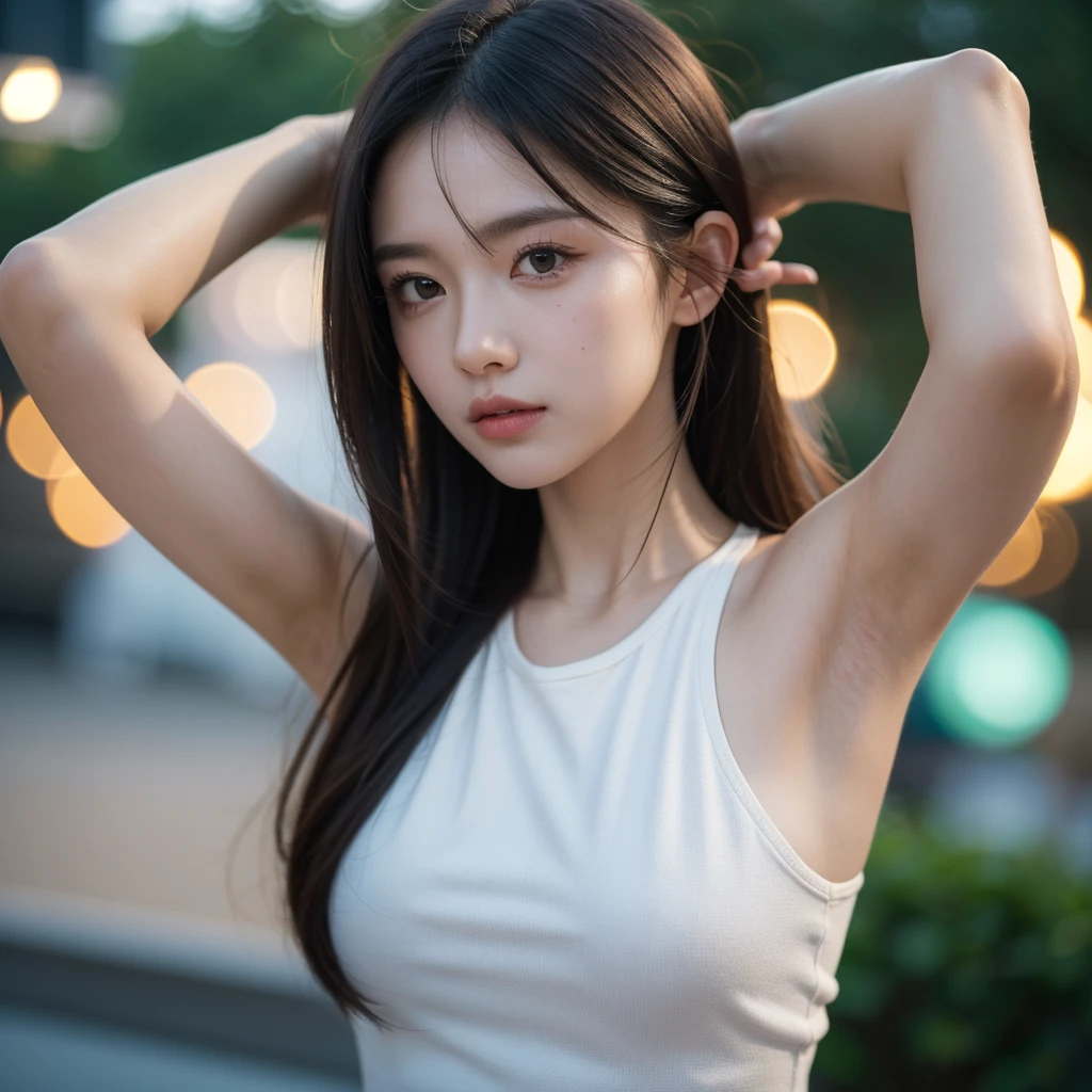 masterpiece, best quality, 8k, 15yo, teen, raw photo, absurdres, award winning portrait, solo, night, neon, idol face, violaceaess, gardeniass, delicate girl, upper body, DSLR, looking at viewer, candid, sophisticated, youthful, thin arms, professional lighting, film grain, chromatic aberration, (detailed eyes and face:1.0), (bokeh:1.1), armpits