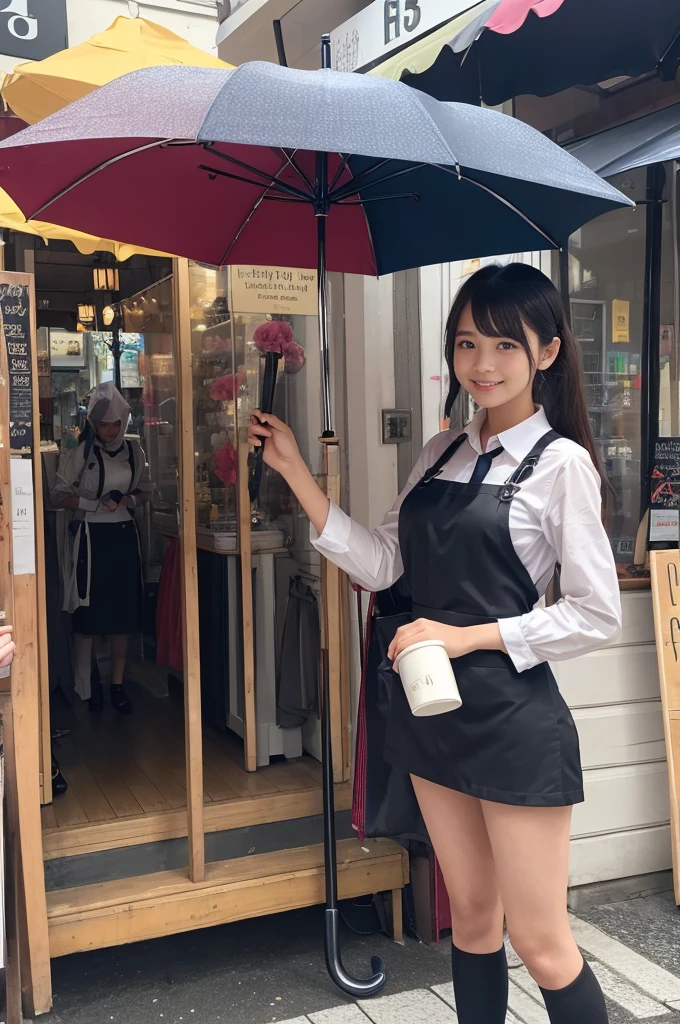 A 20-year-old girl selling umbrellas with umbrellas lined up(Wearing a miniskirt and apron)