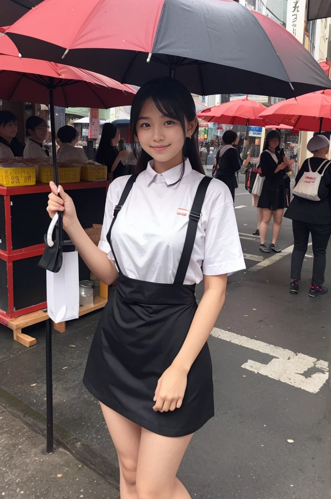 A 20-year-old girl selling umbrellas with umbrellas lined up(Wearing a miniskirt and apron)