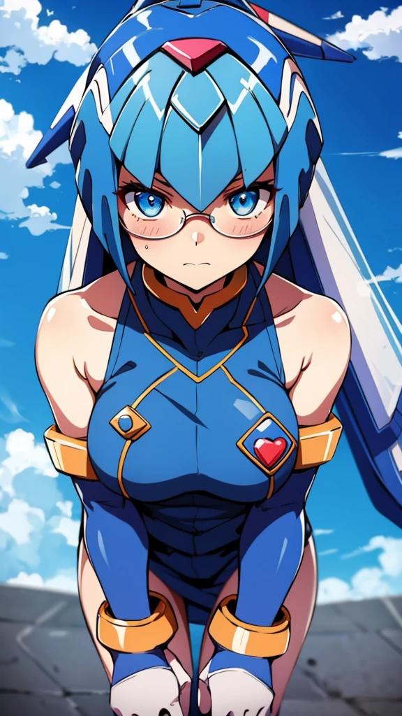 Leviathan_Megamanz, 1 Girl ,Looking at the viewer , blue hair, Blue eyes,Clouds background , Blushed , , Wedding ring, Glasses, azuka evangelion cosplay