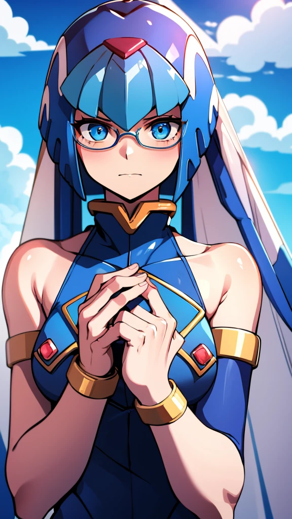 Leviathan_Megamanz, 1 Girl ,Looking at the viewer , blue hair, Blue eyes,Clouds background , Blushed , , Wedding ring, Glasses, azuka evangelion cosplay