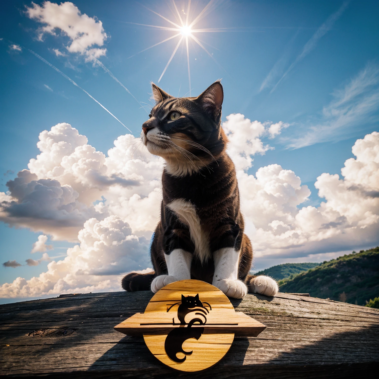 logo cat, background Wood, cloud, sky, meteor, sun