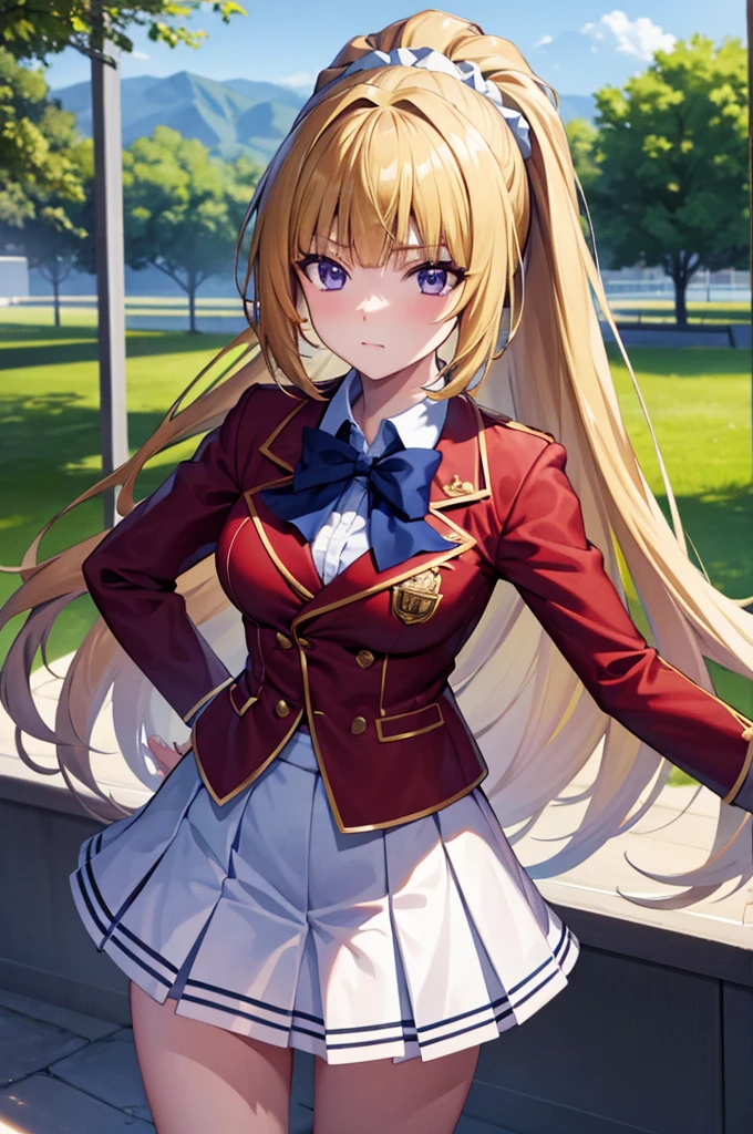 (8k, best quality, masterpiece,ultra detailed, ultra high res:1.2), anime keyvisual,
1girl,
Kei Karuizawa,
Kei Karuizawa \(youjitsu\),
BREAK long hair, ponytail,
yellow hair,
purple eyes,
blue bow, hair scrunchie,
medium breasts,
BREAK red blazer, long sleeves, blue blouse, pleated white skirt, white calf socks,
looking at viewer,
cowboy shot,
outdoors, school building,