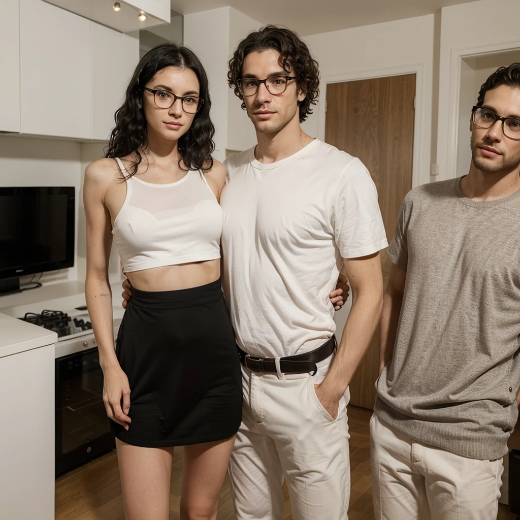 make a couple with a in a duplex apartment the woman has straight black hair she is skinny and very pretty, She is white and wears glasses, the man is tall, has curly hair and is a little strong and handsome