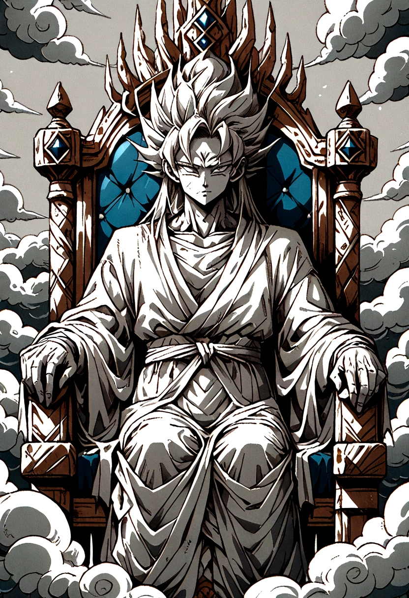 A god sat upon a throne of clouds , viewed from the front 