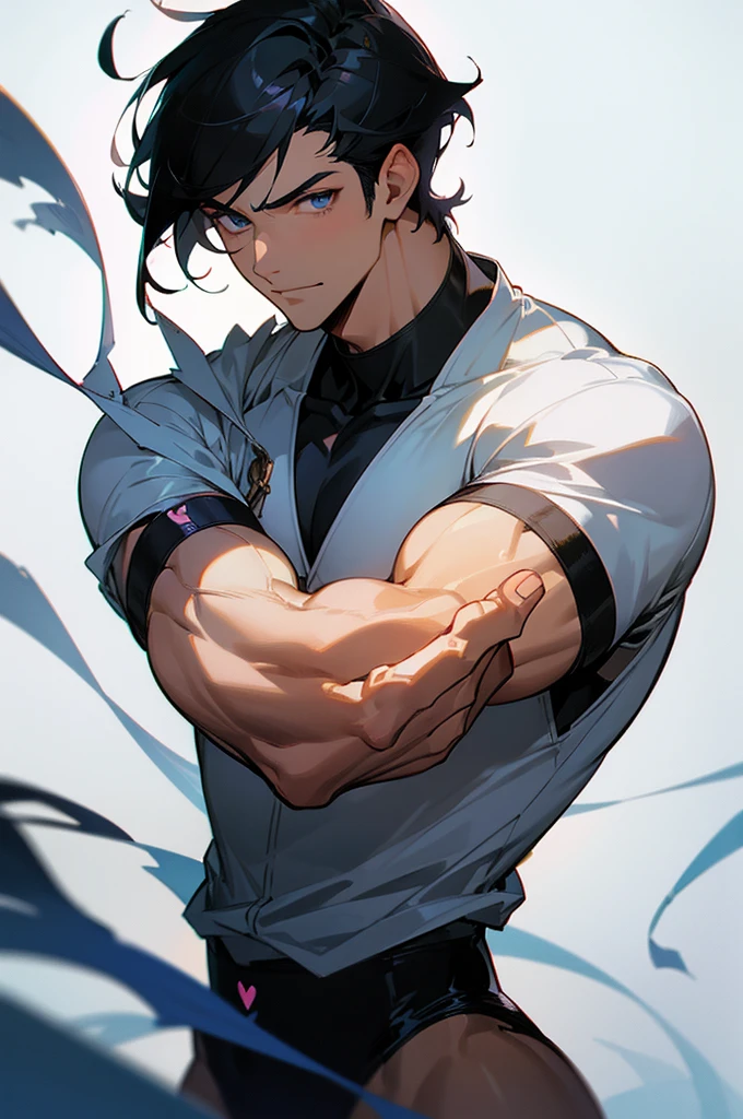 (masterpiece), best quality, expressive eyes, perfect face, anime, guy, black hair and eyes, good looking, muscular, gentle smile, adult, handsome guy, heart throb, cool short hair cut, dramatic lighting, cool clothing, anime, bara, sexy, masuline, show off, 