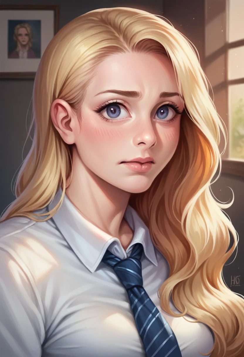 professional, masterpiece, 8k, hyperrealistic portrait of a 19yo cute blonde girl, long hair, (looking shy:1.3), detailed face, detailed skin, photography, hq, photorealistic,
