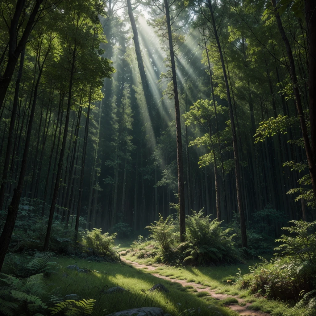 a clearing in a forest, reddish vegetation, spaceship landing, otherworldly landscape, dramatic lighting from above, hyper detailed, 8k, photorealistic, cinematic, lush, vibrant, dramatic colors, dramatic shadows, volumetric lighting, god rays, intricate details, highly detailed, studio lighting, physically accurate, extreme fine detail, stunning, masterpiece