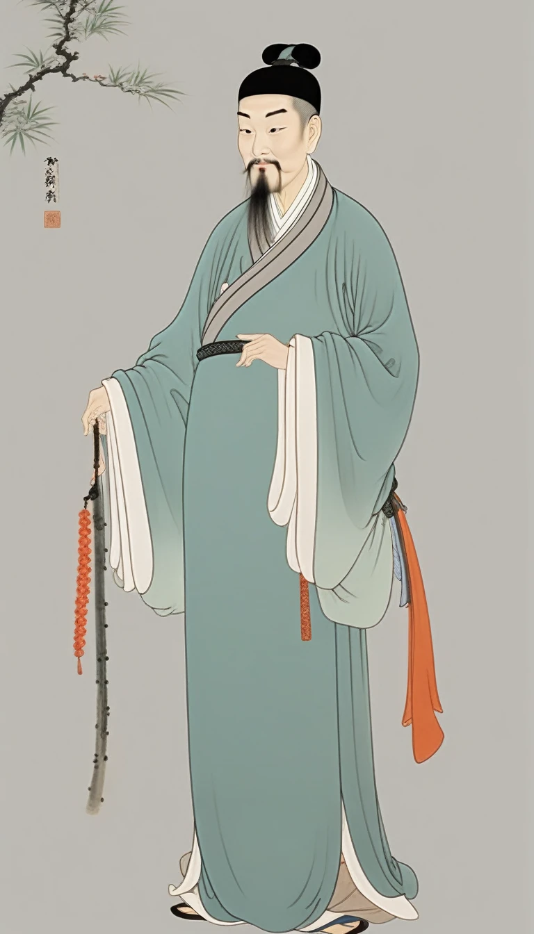 Ming Dynasty Old Man,Solitary,Black Hair,Chinese clothes of the Ming Dynasty,whole body,Long sleeve,robe，permanent,Wide sleeves,single bun,Keep,Shut up,Close your eyes,Gray background,Chinese Ming Dynasty costumes,