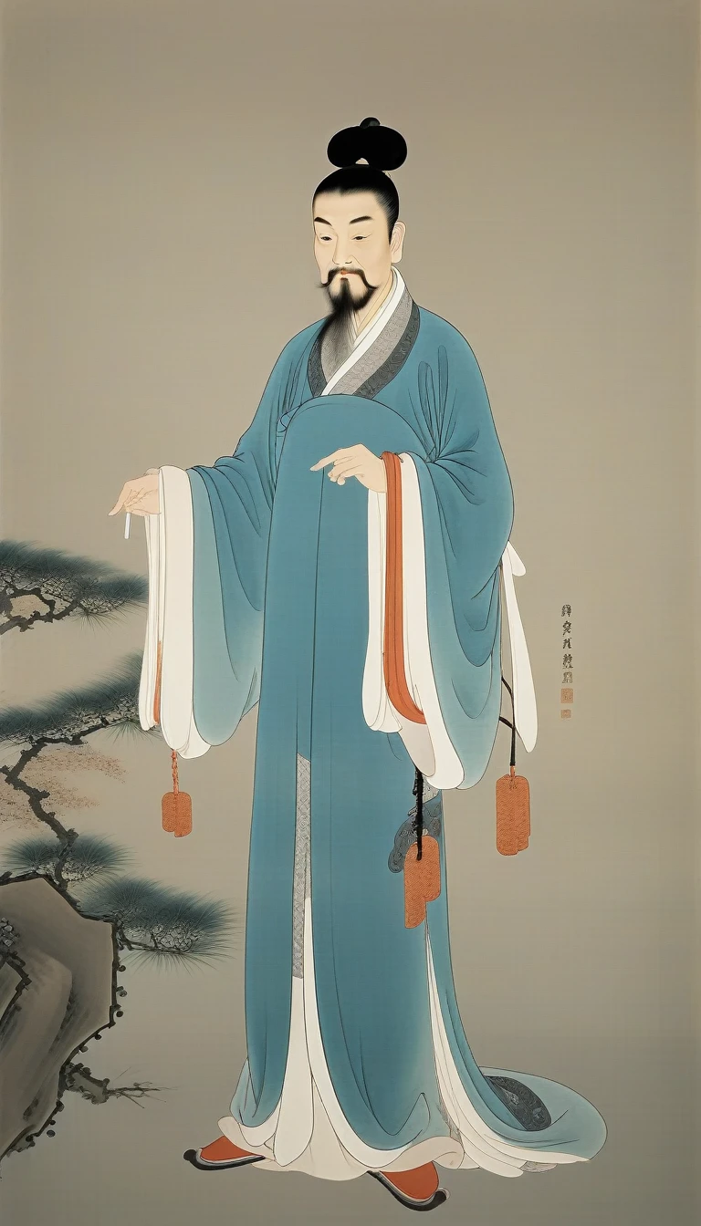 Ming Dynasty Old Man,Solitary,Black Hair,Chinese clothes of the Ming Dynasty,whole body,Long sleeve,robe，permanent,Wide sleeves,single bun,Keep,Shut up,Close your eyes,Gray background,Chinese Ming Dynasty costumes,