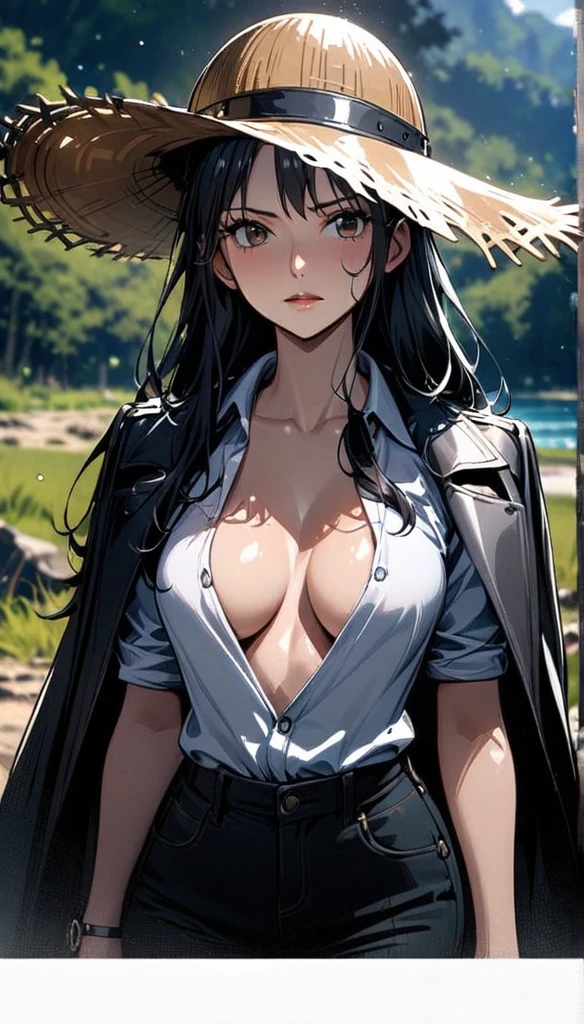 masterpiece, best quality), intricate details, 1 girl, woman, black hair, luffy \ (one piece\), scar on face, (long hair), shirt, white shirt, female focus, clothes, collared shirt, pants, cape, black coat, shirt, scar, sandals, pectorals, partially unbuttoned, cleavage, black coat on shoulders, nature, scenery, upper body, straw hat, ((front view)) ((close up shot)) ((solo))