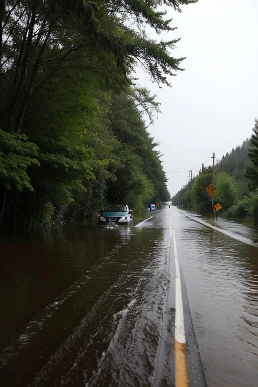 a road flooded with water due to heavy rain, a car was seen traveling down the road. also saw some driftwood branches on the road. On the side of the road, you can see some bushes that have been submerged in water. Describe the atmosphere