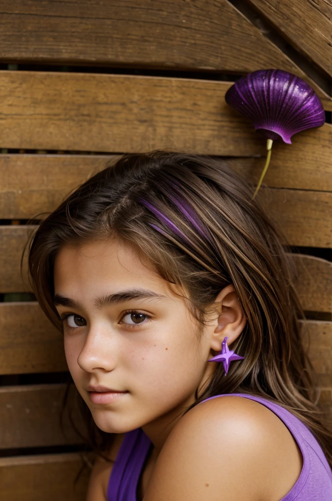 16 year old girl, He has light brown hair with some purple highlights., eyes the color of honey, a little dark, and has a starfish-shaped birthmark behind his left ear. 