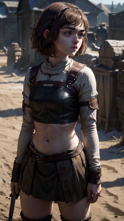 8k, Maisie Williams face, pale skin, toned abs, small breast, round ass, her round ass visible, brown hair, Maisie Williams as Arya Stark, torn ragged peasant clothes, standing stance, winterfell in background