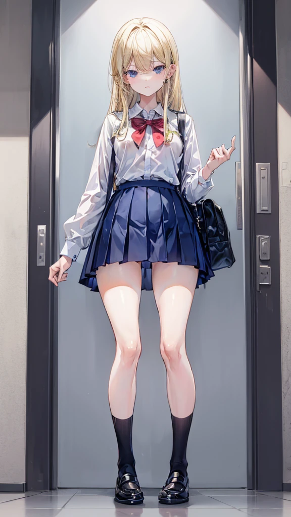 Bully student approaches me with a perverse face as I am a nerd, wearing short skirt, blonde hair, blue eyes, small firm breasts, long sexy legs, bad girl. very tall girl, photo from below the girl, bully, anger face, full body photo
