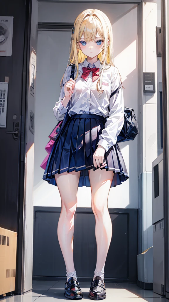 Bully student approaches me with a perverse face as I am a nerd, wearing short skirt, blonde hair, blue eyes, small firm breasts, long sexy legs, bad girl. very tall girl, photo from below the girl, bully, anger face, full body photo