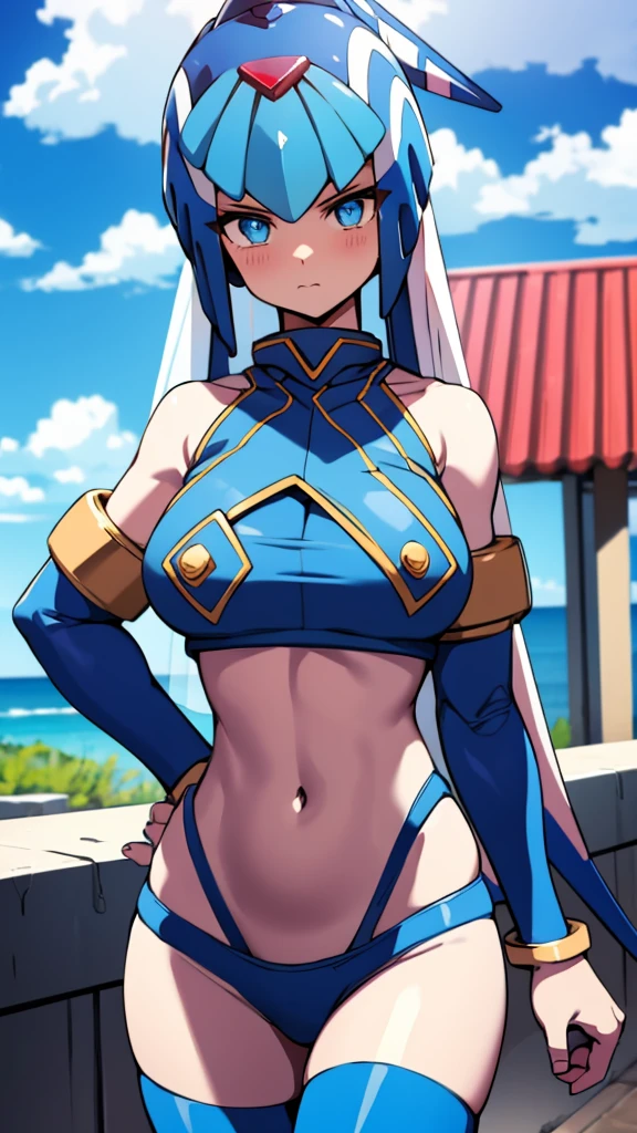 Leviathan_Megamanz, 1 Girl ,Looking at the viewer , blue hair, Blue eyes,Clouds background , Blushed , , Wedding ring, Glasses, Blue Micro Bikini