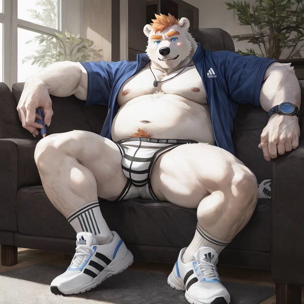 chubby dad male polar bear blue eyes, laying on couch, no clothes , white briefs , watch , spread legs ,living room, sunlight, adidas shoes , all white socks , high quality , drawing black lineart , kemono , detailed eyes, ginger hairs
