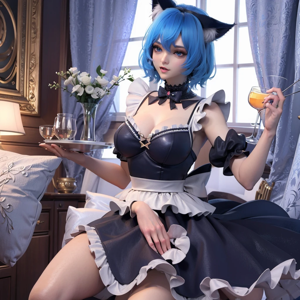 Blue hair, cat ears, female, lusty, maid dress, huge breasts, cute, solo, nsfw