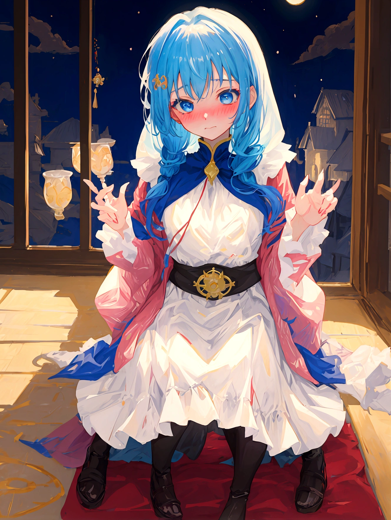 Medieval painting style,Light novel style,(Best quality, Masterpiece), 1 Girl, Beautiful girl,Blue Hair,s eyes,透过头发s eyes,优质s eyes,Anime style,High quality eyes,Lenses,Rich colors,posture, (Blushing:1.3)
