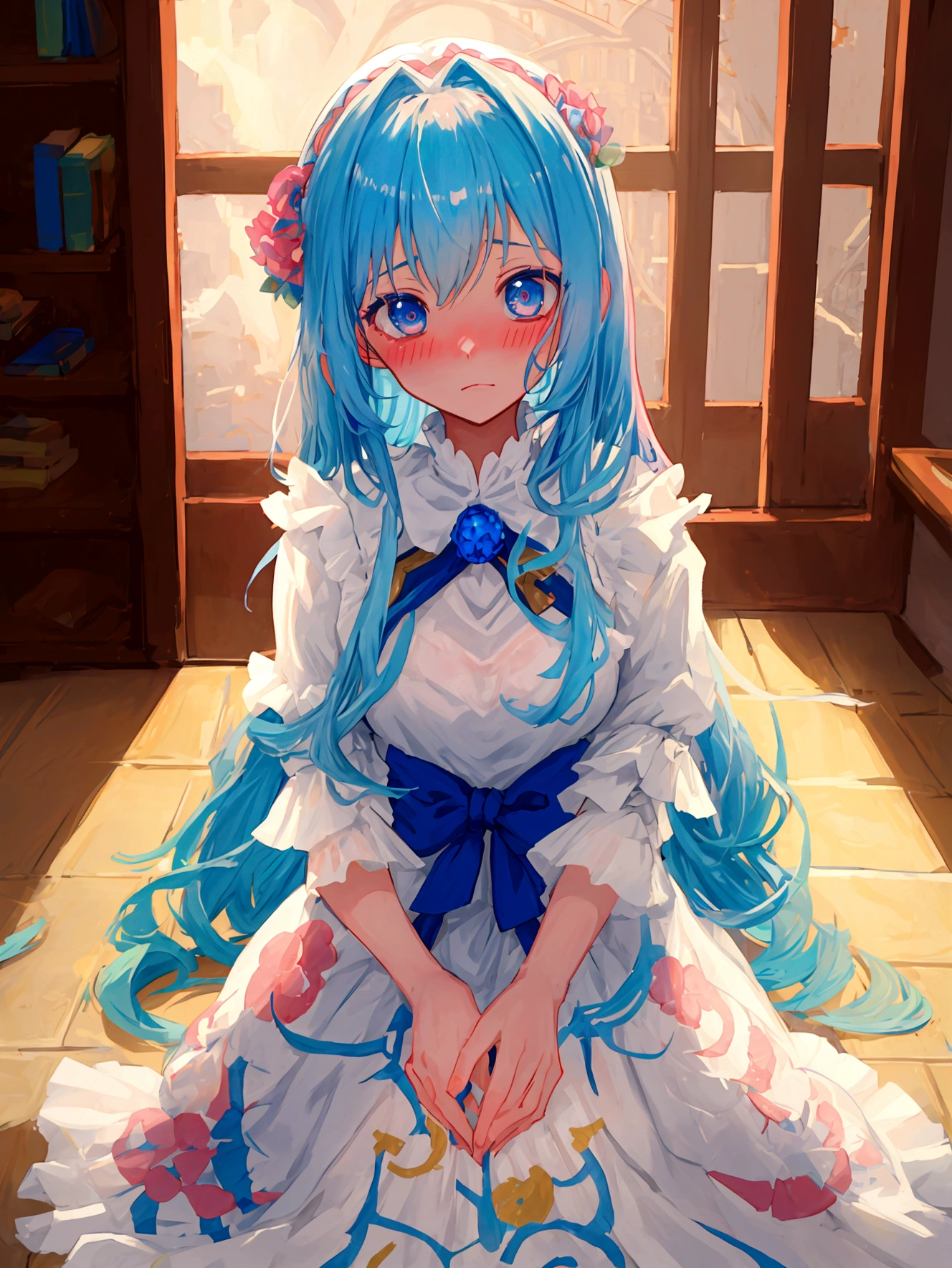 Medieval painting style,Light novel style,(Best quality, Masterpiece), 1 Girl, Beautiful girl,Blue Hair,s eyes,透过头发s eyes,优质s eyes,Anime style,High quality eyes,Lenses,Rich colors,posture, (Blushing:1.3)