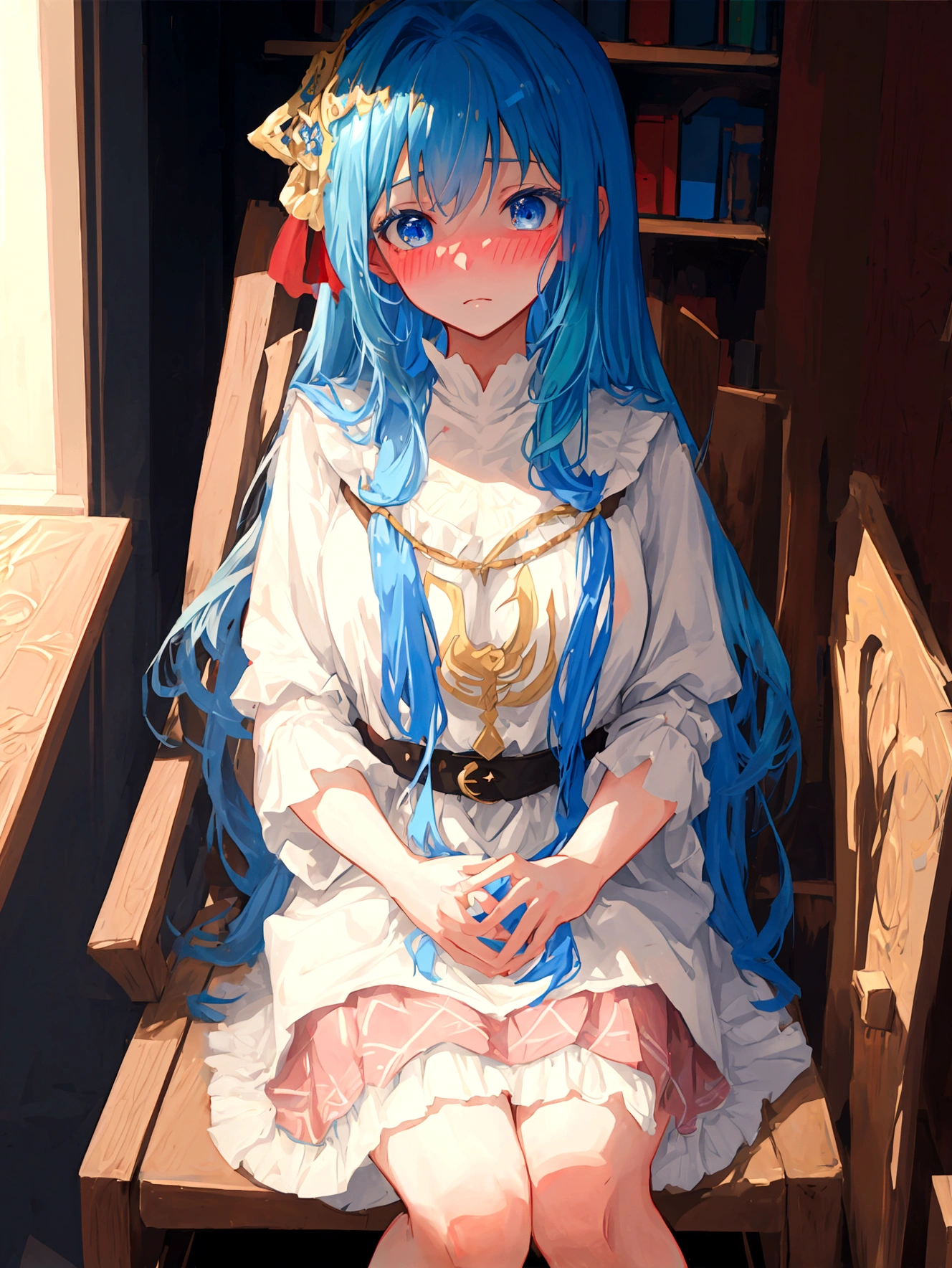Medieval painting style,Light novel style,(Best quality, Masterpiece), 1 Girl, Beautiful girl,Blue Hair,s eyes,透过头发s eyes,优质s eyes,Anime style,High quality eyes,Lenses,Rich colors,posture, (Blushing:1.3)
