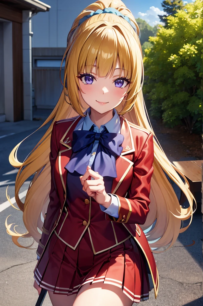 (8k, best quality, masterpiece,ultra detailed, ultra high res:1.2), anime keyvisual,
1girl,
Kei Karuizawa,
BREAK long hair, ponytail,
yellow hair,
purple eyes,
blue bow, hair scrunchie,
medium breasts,
BREAK red blazer, long sleeves, blue blouse, pleated white skirt,
looking at viewer, (smile:1.5),
cowboy shot,
outdoors, school building,