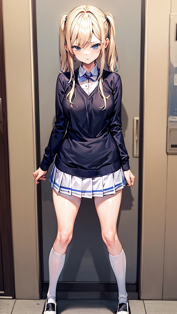 Bully student approaches me with a perverse face as I am a nerd, wearing short skirt, blonde hair, blue eyes, small firm breasts, long sexy legs, bad girl. very tall girl, photo from below the girl, bully, anger face, full body photo